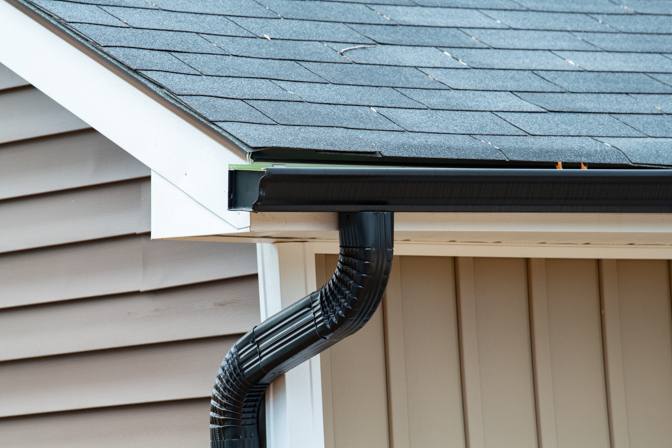 Rain gutter of roof with downpipe